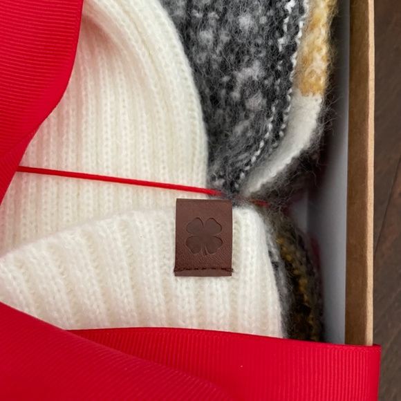 Lucky White faux fur pom winter hat & earthy red yellow tan grey gray scarf set - Picture 3 of 8